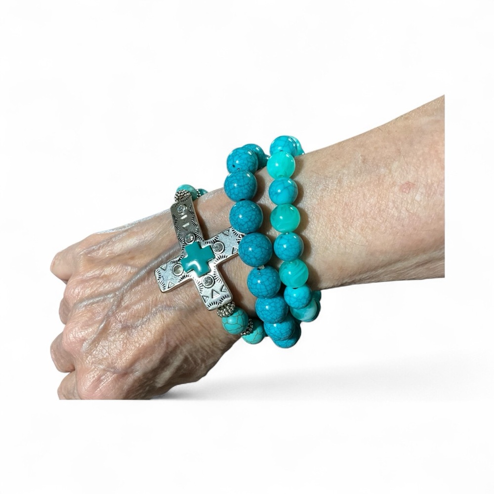 Three Faux Turquoise Stretch Bracelets Themes Cross Tree Plain